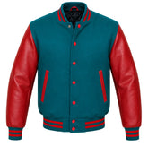 Teal melton wool varsity jacket, red cowhide leather sleeves, front view
