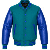 Teal melton wool varsity jacket with royal blue cowhide sleeves, front view