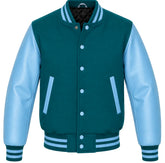 Teal melton wool letterman jacket with sky blue leather sleeves, front view