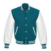 Teal and White Varsity Jacket with Wool Body and Leather Sleeves