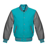 Tiffany and Grey Varsity Jacket with Wool Body and Leather Sleeves