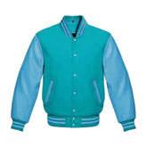 Tiffany and Sky Blue Varsity Jacket with Wool Body and Leather Sleeves