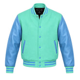 Tiffany and Sky Blue Varsity Jacket with Wool Body and Leather Sleeves