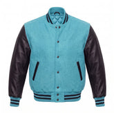 Tiffany Blue and Black Varsity Jacket with Wool Body and Leather Sleeves