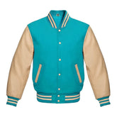 Tiffany and Cream Varsity Jacket with Wool Body and Leather Sleeves