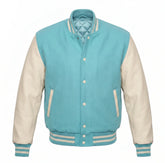 Tiffany and Cream Varsity Jacket with Wool Body and Leather Sleeves