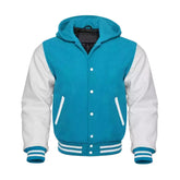 Turquoise Blue Wool and White Leather Hooded Varsity Jacket