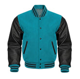 Turquoise and Black Varsity Jacket with Wool Body and Leather Sleeves