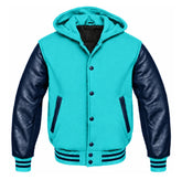 Turquoise and Navy Blue Hooded Letterman Jacket