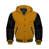 Yellow Wool and Black Leather Hooded Varsity Jacket