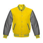 Yellow and Grey Varsity Jacket with Wool Body and Leather Sleeves