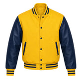 Yellow and Navy Varsity Jacket with Wool Body and Leather Sleeves