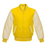 Yellow and Cream Varsity Jacket with Wool Body and Leather Sleeves