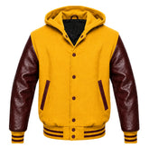 Yellow and Maroon Letterman Jacket with Hood
