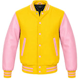 Yellow melton wool letterman jacket with pink cowhide leather sleeves, front view