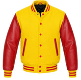 Yellow melton wool varsity jacket with red leather sleeves, front view