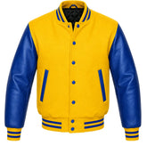 Yellow wool varsity jacket with royal blue cowhide sleeves, back view