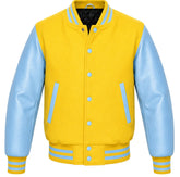 Yellow melton wool varsity jacket with sky blue leather sleeves, front view