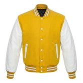Yellow and White Varsity Jacket with Wool Body and Leather Sleeves