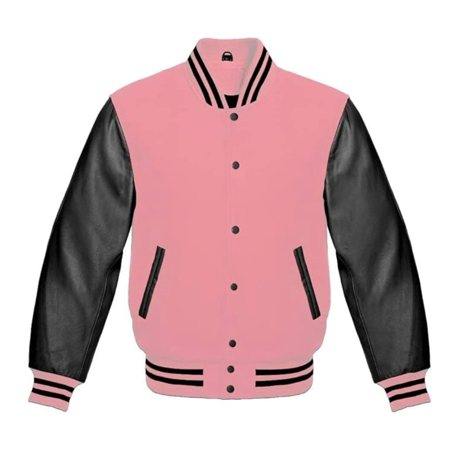 Baby Pink Wool and Black Leather Varsity Jacket