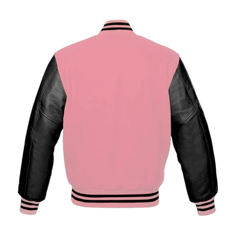Baby Pink Wool and Black Leather Varsity Jacket Back Side