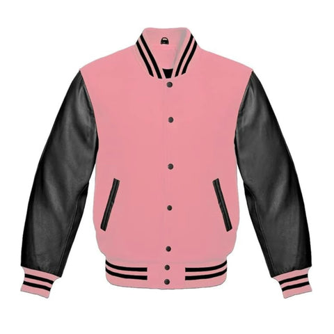 Baby Pink Wool and Black Leather Varsity Jacket