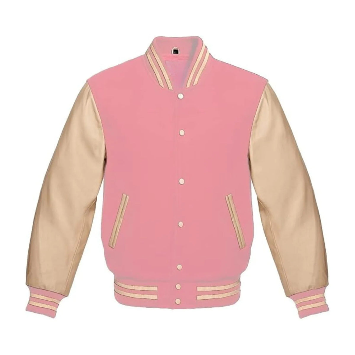 Baby Pink Wool and Cream Leather Varsity Jacket