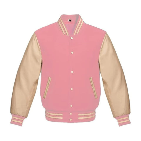 Baby Pink Wool and Cream Leather Varsity Jacket