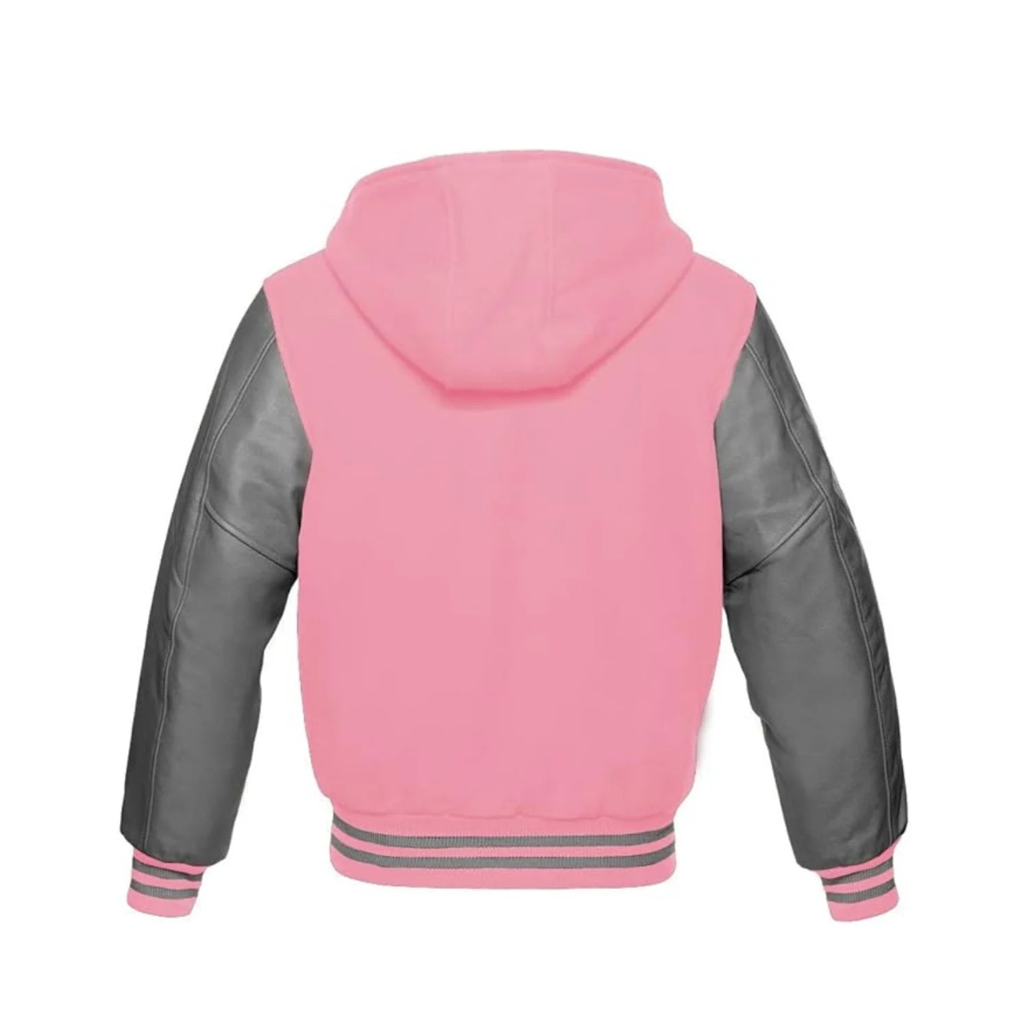 Baby Pink Wool and Grey Leather Hooded Varsity Jacket Back Side