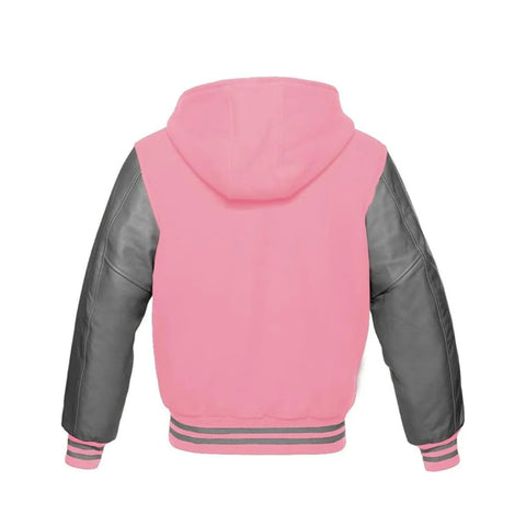Baby Pink Wool and Grey Leather Hooded Varsity Jacket Back Side