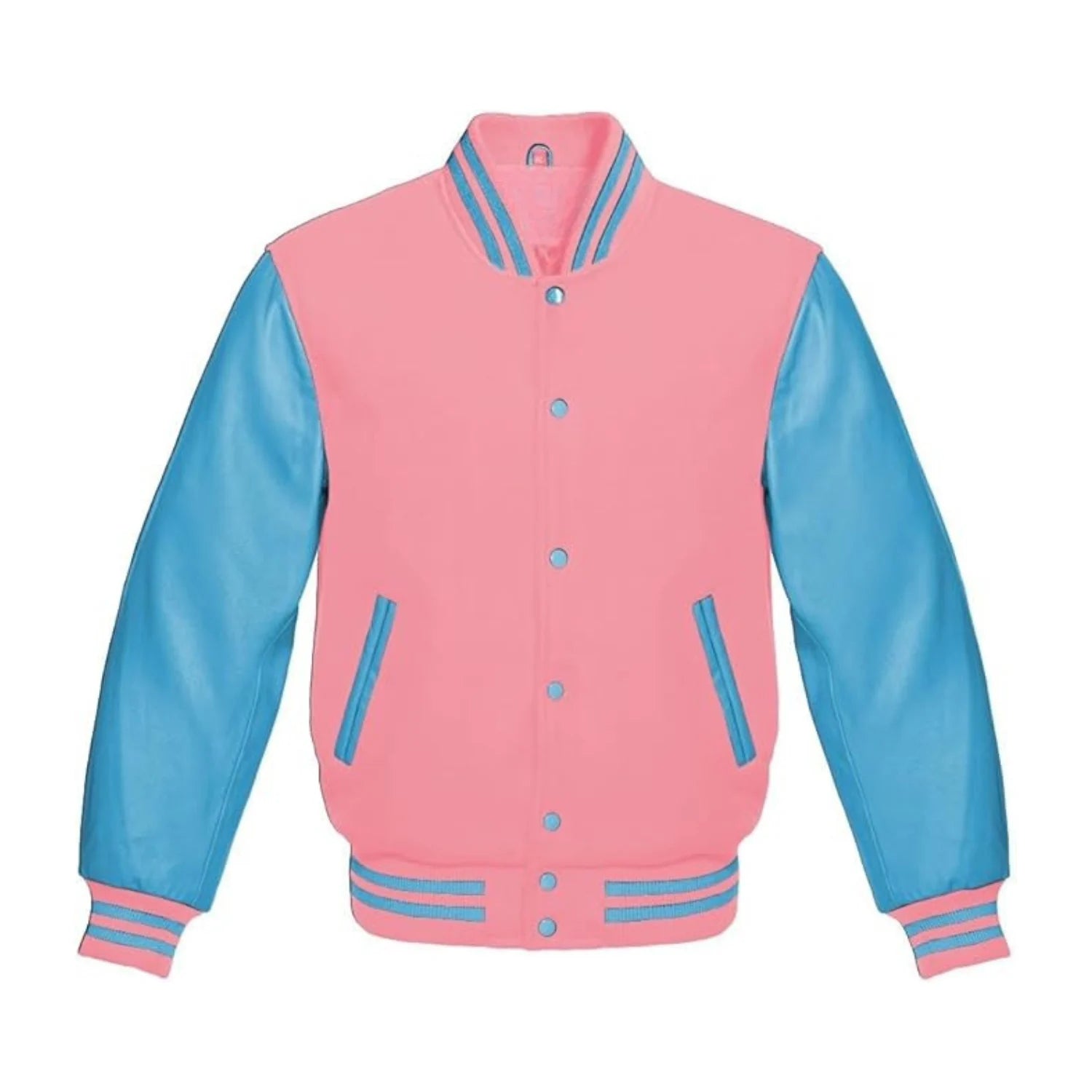 Baby Pink Wool and Sky Leather Varsity Jacket
