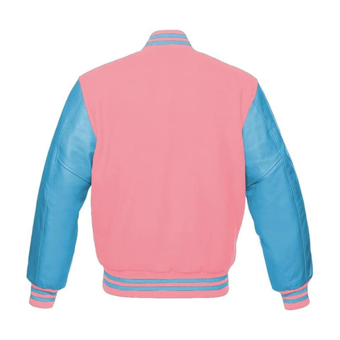 Baby Pink Wool and Sky Leather Varsity Jacket Back Side