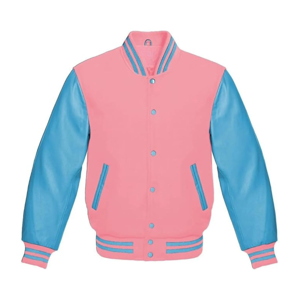 Baby Pink Wool and Sky Leather Varsity Jacket