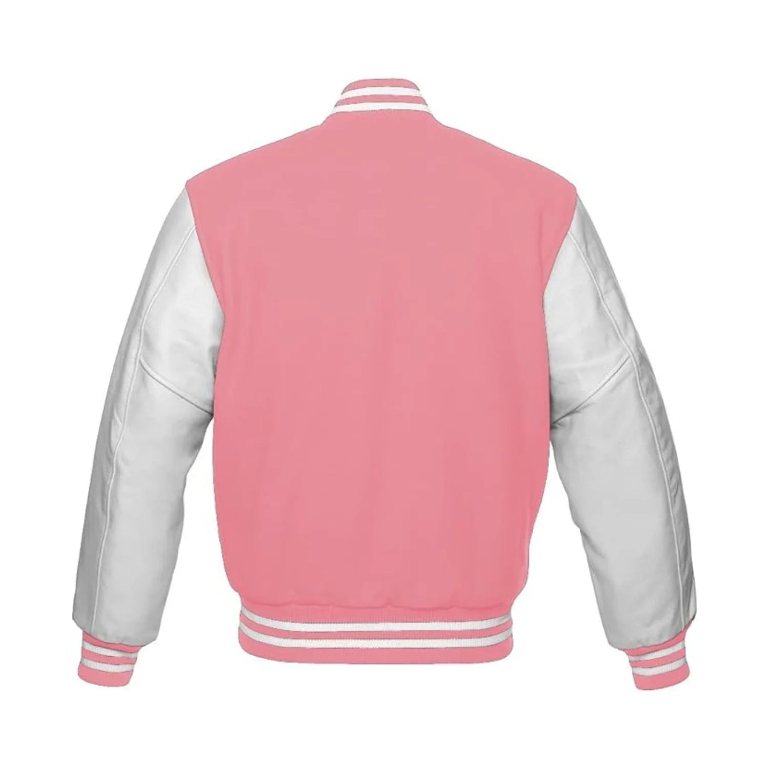 Baby Pink Wool and White Leather Varsity Jacket Back Side