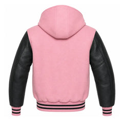 Baby Pink and Black Hooded Varsity Jacket