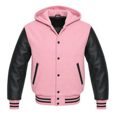 Baby Pink and Black Hooded Varsity Jacket