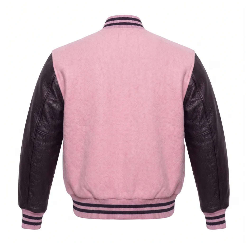 Baby Pink and Black Varsity Jacket with Wool Body and Leather Sleeves Back View