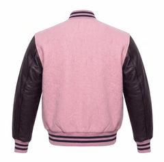 Baby Pink and Black Varsity Jacket with Wool Body and Leather Sleeves Back View