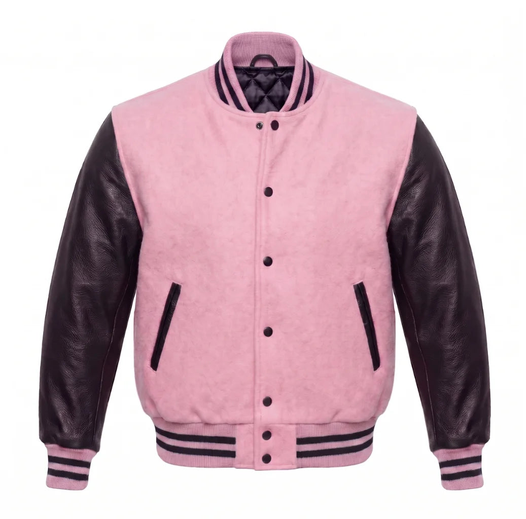 Baby Pink and Black Varsity Jacket with Wool Body and Leather Sleeves