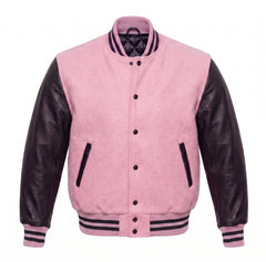 Baby Pink and Black Varsity Jacket with Wool Body and Leather Sleeves