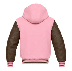 Baby Pink and Brown Hooded Varsity Jacket