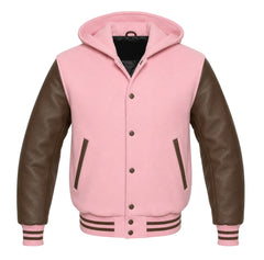 Baby Pink and Brown Hooded Varsity Jacket