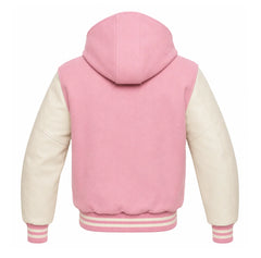 Baby Pink and Cream Hooded Letterman Jacket