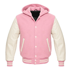 Baby Pink and Cream Hooded Letterman Jacket