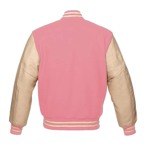 Baby Pink and Cream Varsity Jacket with Wool Body and Leather Sleeves Back Side