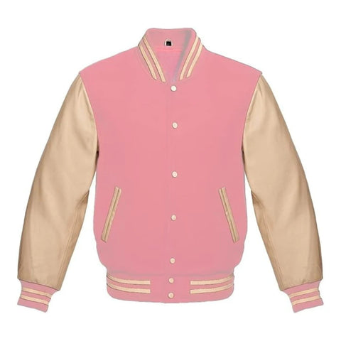 Baby Pink and Cream Varsity Jacket with Wool Body and Leather Sleeves