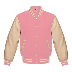 Baby Pink and Cream Varsity Jacket with Wool Body and Leather Sleeves