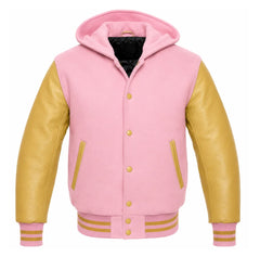 Baby Pink and Gold Varsity Jacket with Hood