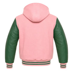 Baby Pink and Green Hooded Varsity Jacket