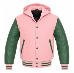 Baby Pink and Green Hooded Varsity Jacket